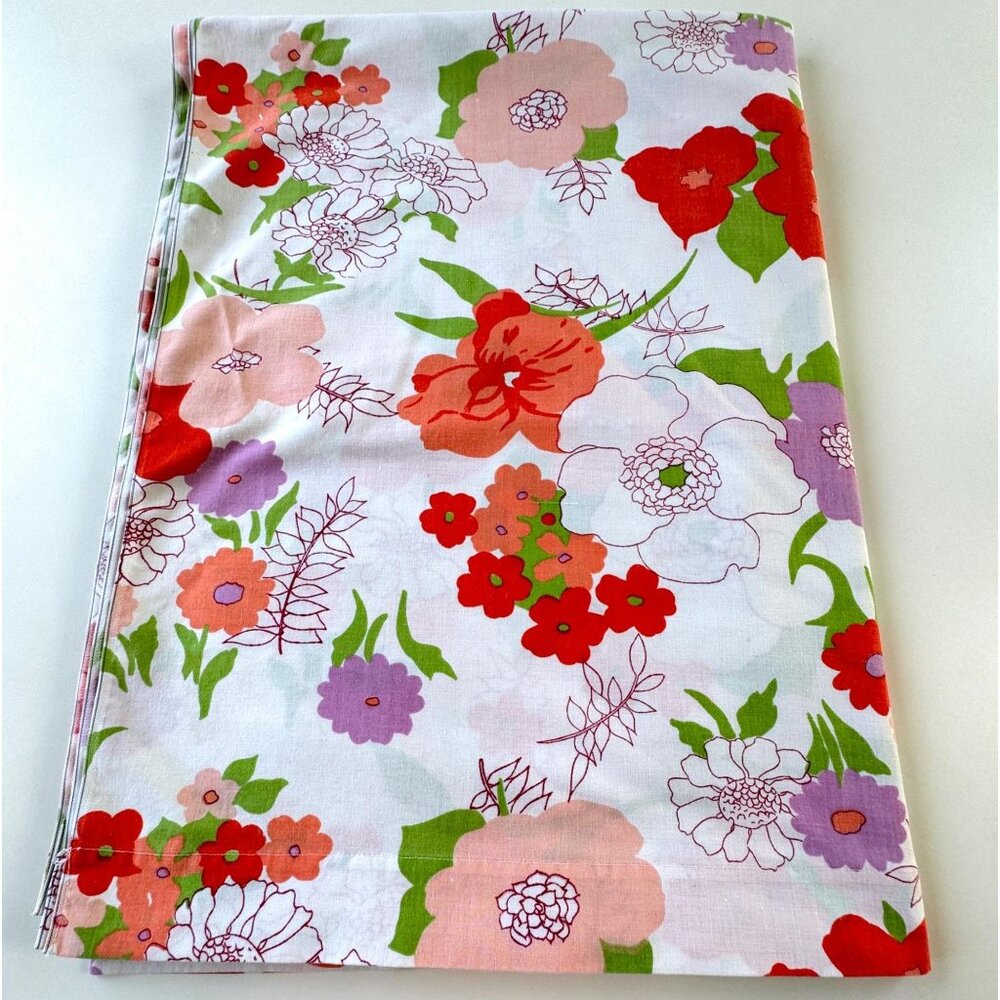 Vintage 70s flat sheet, bold floral, coral, red, purple, twin size bed, for each